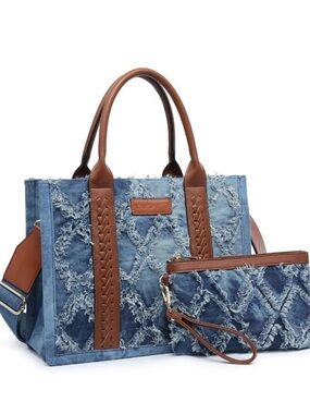 Boho Denim Distressed Fringe Tote Bag Purse Handbag & Wristlet Set Blue